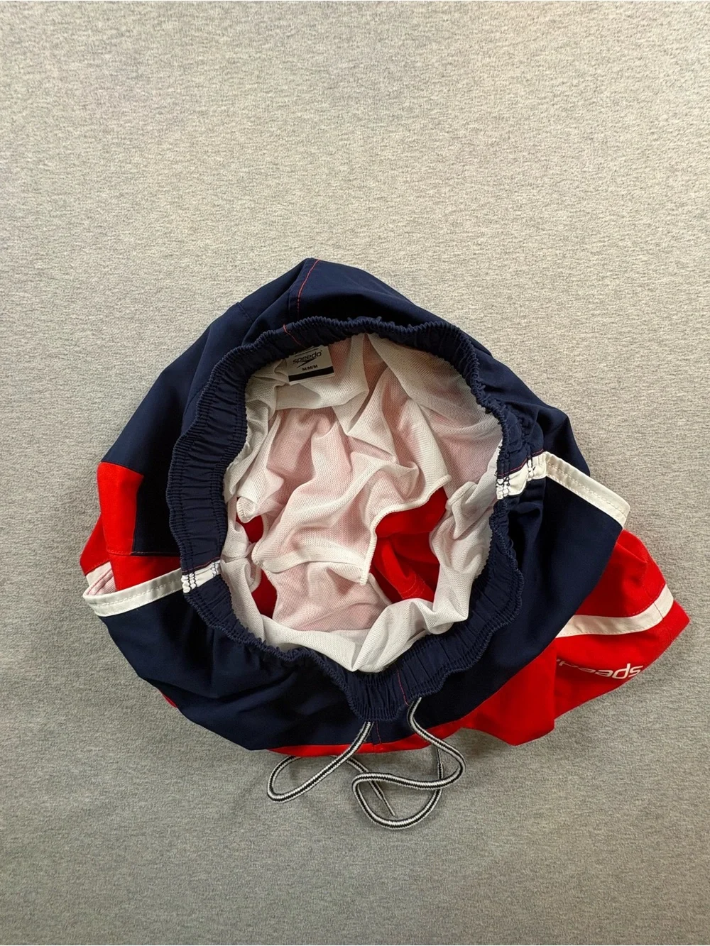 Speedo Mens Red White Navy Blue Elastic Waist Drawstring Swim Trunks Shorts Sz M